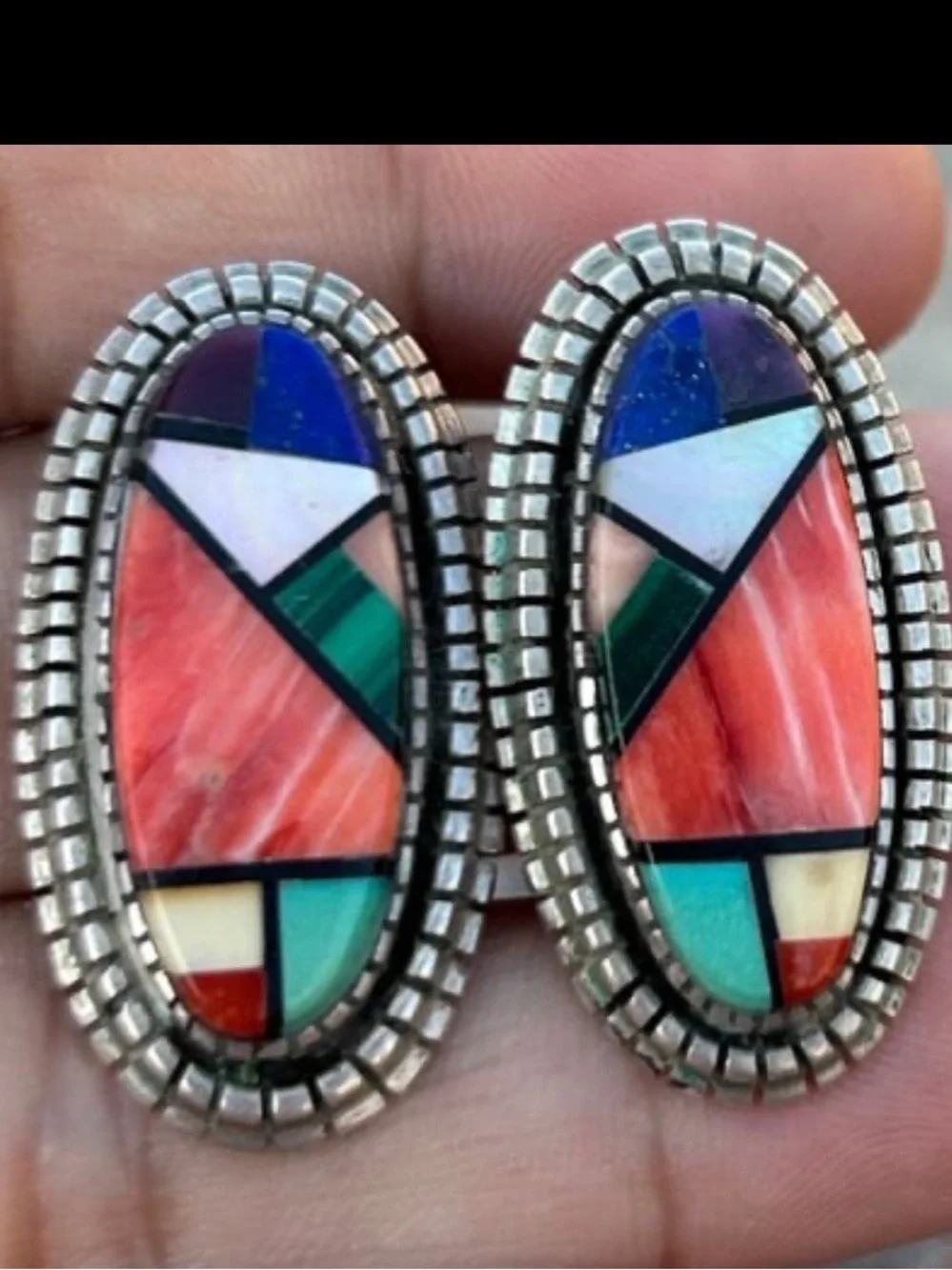 Sterling silver inlay gem Stones  Coral Natural Opal, Orange Spin clip earrings